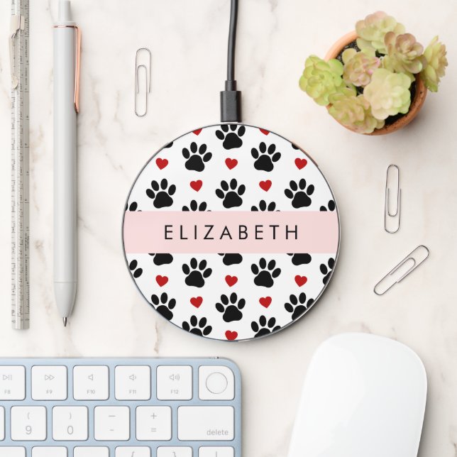 Pattern Of Paws, Black Paws, Red Hearts, Your Name Wireless Charger (Desk)