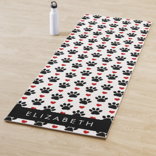 Pattern Of Paws, Black Paws, Red Hearts, Your Name Yoga Mat