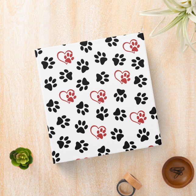Pattern Of Paws, Black Paws, Red Paws, Hearts 3 Ring Binder (In Situ)