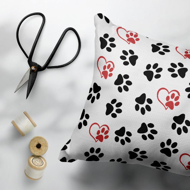 Pattern Of Paws, Black Paws, Red Paws, Hearts Accent Pillow (Creator Uploaded)