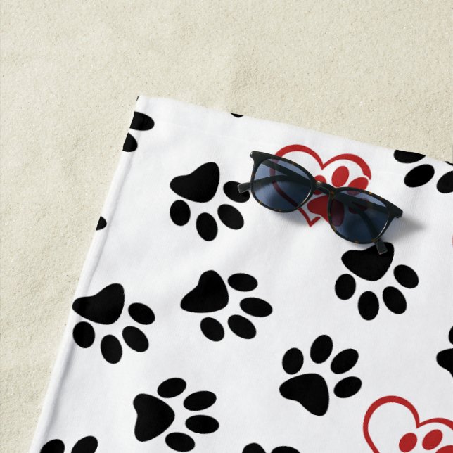 Pattern Of Paws, Black Paws, Red Paws, Hearts Beach Towel (In Situ)