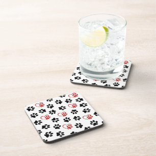 Pattern Of Paws, Black Paws, Red Paws, Hearts Beverage Coaster