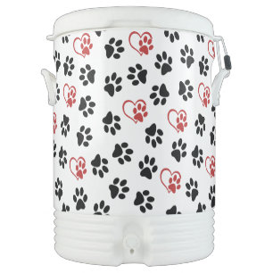 Pattern Of Paws, Black Paws, Red Paws, Hearts Beverage Cooler