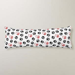 Pattern Of Paws, Black Paws, Red Paws, Hearts Body Pillow
