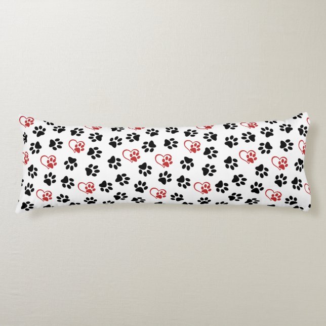 Pattern Of Paws, Black Paws, Red Paws, Hearts Body Pillow (Front)