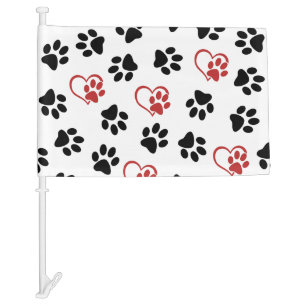 Pattern Of Paws, Black Paws, Red Paws, Hearts Car Flag