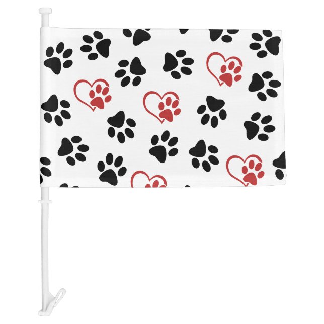 Pattern Of Paws, Black Paws, Red Paws, Hearts Car Flag (Front)