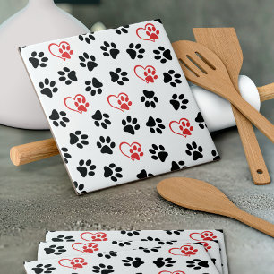 Pattern Of Paws, Black Paws, Red Paws, Hearts Ceramic Tile