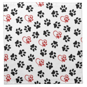 Pattern Of Paws, Black Paws, Red Paws, Hearts Cloth Napkin