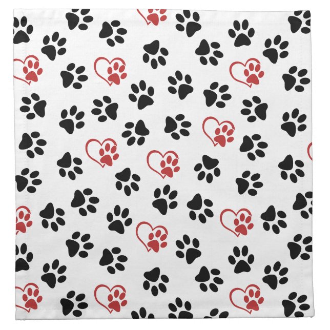 Pattern Of Paws, Black Paws, Red Paws, Hearts Cloth Napkin (Front)