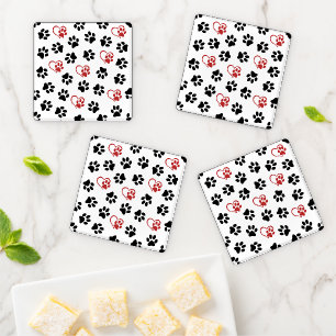 Pattern Of Paws, Black Paws, Red Paws, Hearts Coaster Set