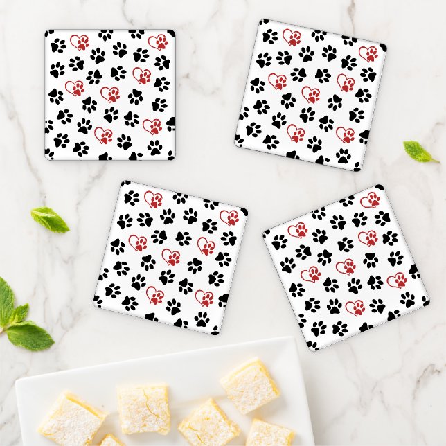 Pattern Of Paws, Black Paws, Red Paws, Hearts Coaster Set (In Situ)