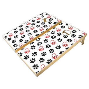 Pattern Of Paws, Black Paws, Red Paws, Hearts Cornhole Set