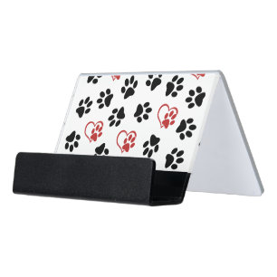 Pattern Of Paws, Black Paws, Red Paws, Hearts Desk Business Card Holder