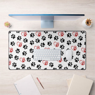 Pattern Of Paws, Black Paws, Red Paws, Hearts Desk Mat