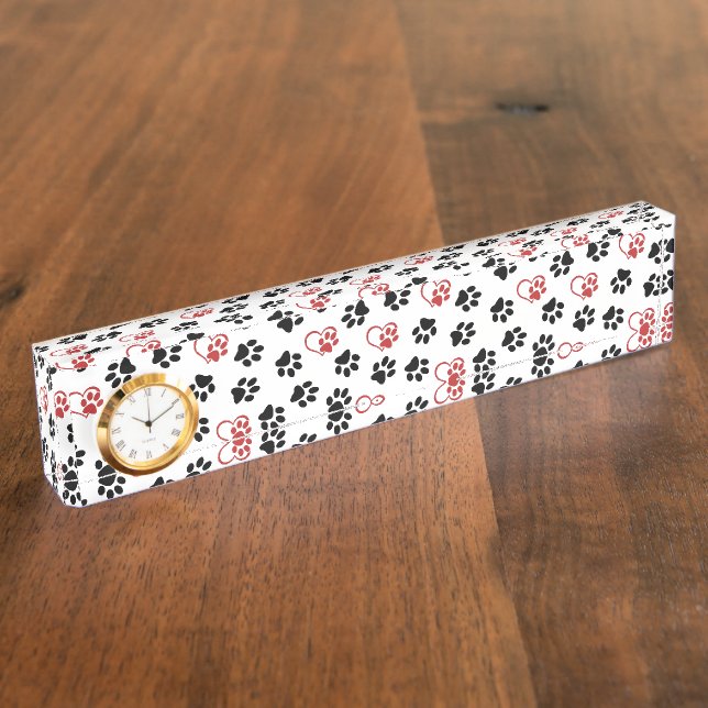 Pattern Of Paws, Black Paws, Red Paws, Hearts Desk Name Plate (Side)