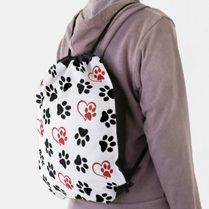 Pattern Of Paws, Black Paws, Red Paws, Hearts Drawstring Bag