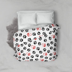 Pattern Of Paws, Black Paws, Red Paws, Hearts Duvet Cover
