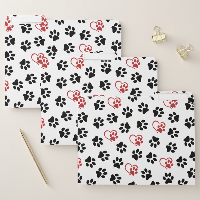 Pattern Of Paws, Black Paws, Red Paws, Hearts File Folder (Set)
