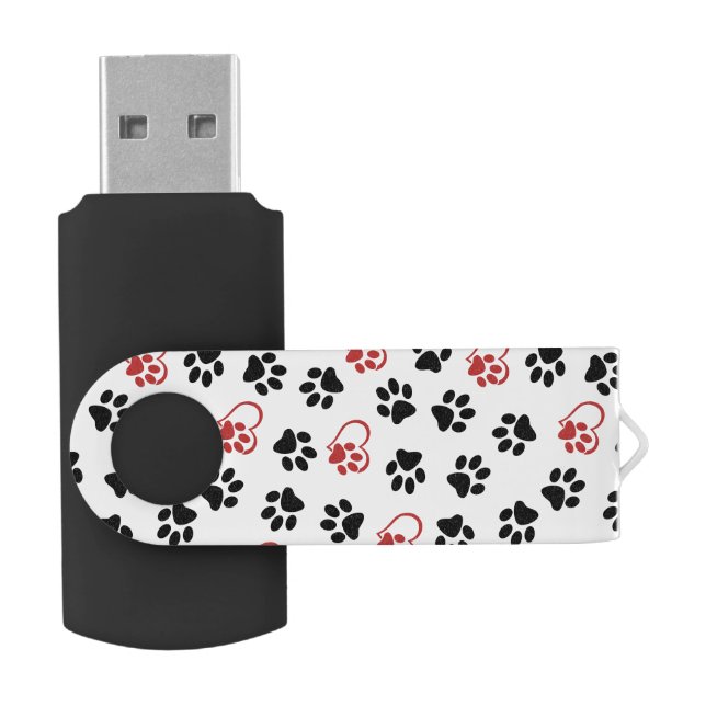 Pattern Of Paws, Black Paws, Red Paws, Hearts Flash Drive (Opened)