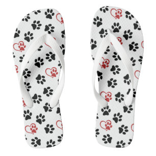 Pattern Of Paws, Black Paws, Red Paws, Hearts Flip Flops