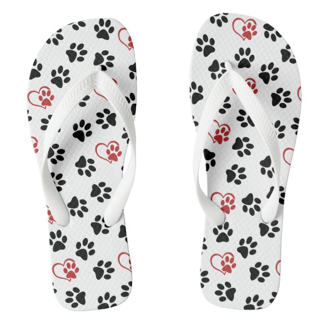 Pattern Of Paws, Black Paws, Red Paws, Hearts Flip Flops (Footbed)