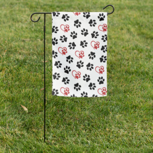 Pattern Of Paws, Black Paws, Red Paws, Hearts Garden Flag