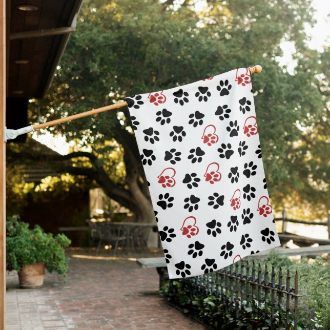Pattern Of Paws, Black Paws, Red Paws, Hearts House Flag (In SItu)