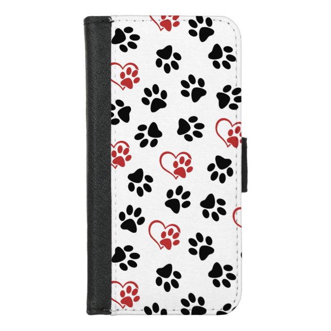 Pattern Of Paws, Black Paws, Red Paws, Hearts iPhone Wallet Case (Front)