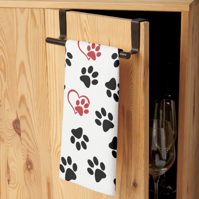 Pattern Of Paws, Black Paws, Red Paws, Hearts Kitchen Towel (Thirds Fold)