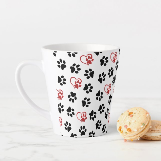 Pattern Of Paws, Black Paws, Red Paws, Hearts Latte Mug (In Situ)