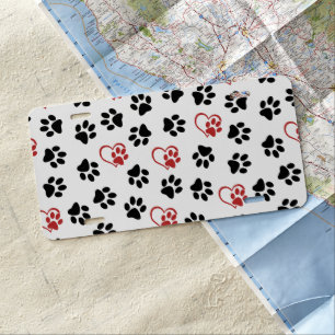Pattern Of Paws, Black Paws, Red Paws, Hearts License Plate