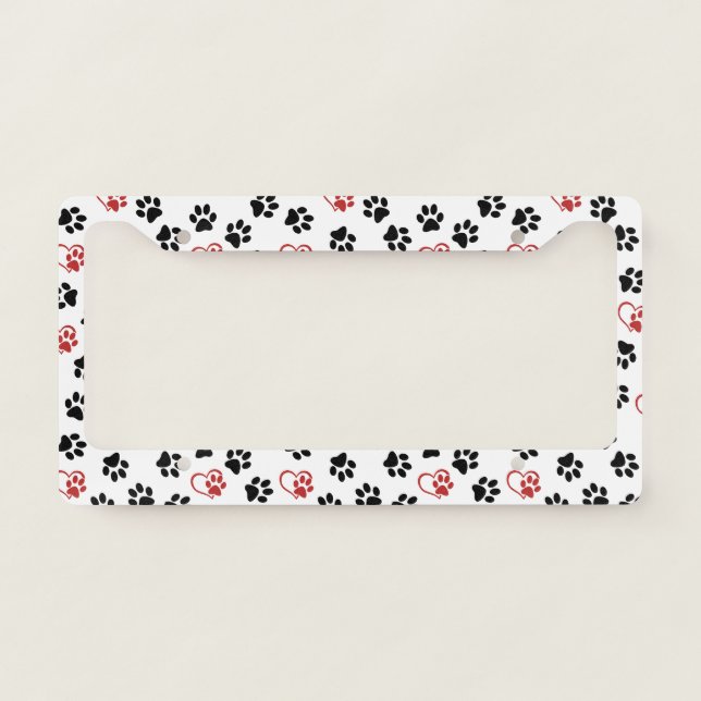 Pattern Of Paws, Black Paws, Red Paws, Hearts License Plate Frame (Front)
