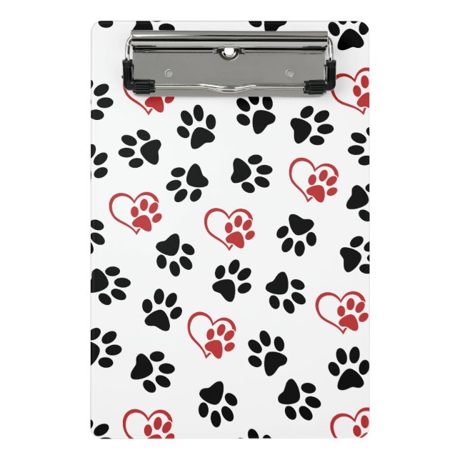 Pattern Of Paws, Black Paws, Red Paws, Hearts Mini Clipboard (Front)