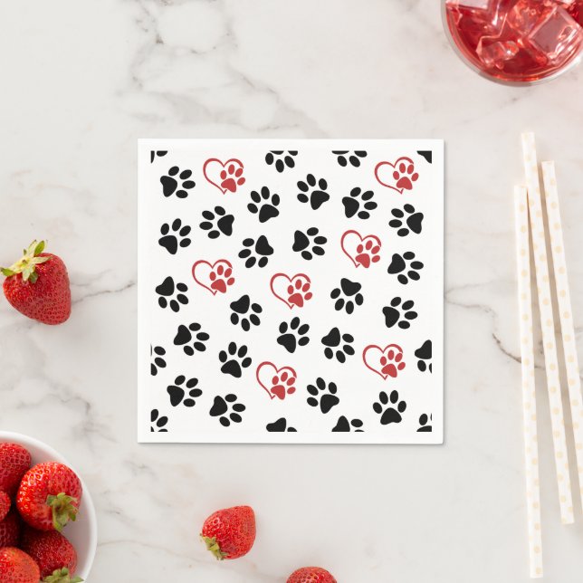 Pattern Of Paws, Black Paws, Red Paws, Hearts Napkins (Insitu)