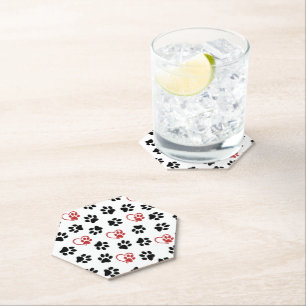Pattern Of Paws, Black Paws, Red Paws, Hearts Paper Coaster