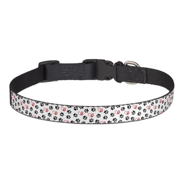 Pattern Of Paws, Black Paws, Red Paws, Hearts Pet Collar (Front)
