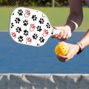 Pattern Of Paws, Black Paws, Red Paws, Hearts Pickleball Paddle