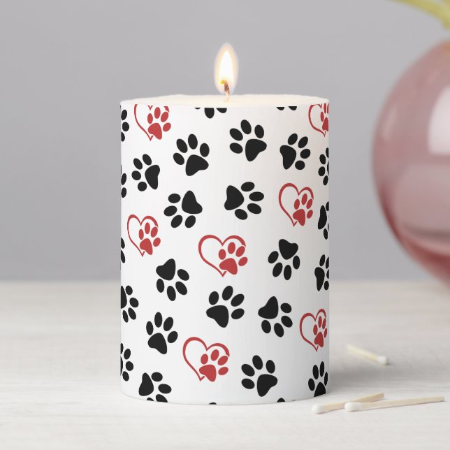 Pattern Of Paws, Black Paws, Red Paws, Hearts Pillar Candle (In Situ)