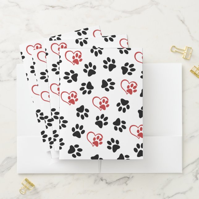 Pattern Of Paws, Black Paws, Red Paws, Hearts Pocket Folder (In Situ)