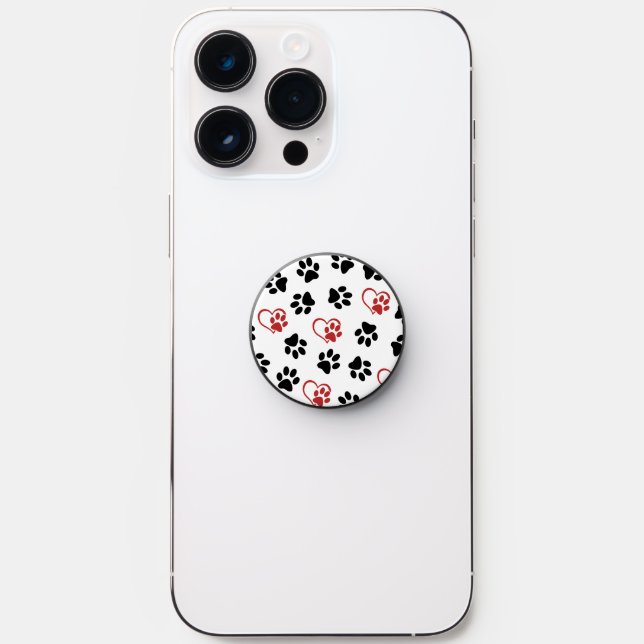 Pattern Of Paws, Black Paws, Red Paws, Hearts PopSocket (Front)