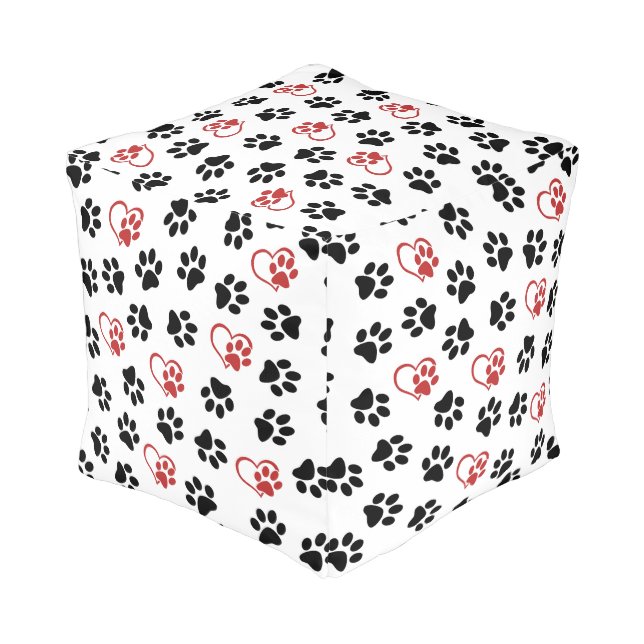 Pattern Of Paws, Black Paws, Red Paws, Hearts Pouf (Angled Back)