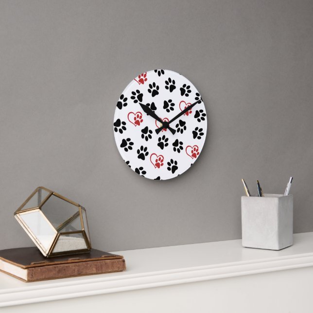 Pattern Of Paws, Black Paws, Red Paws, Hearts Round Clock (Office)