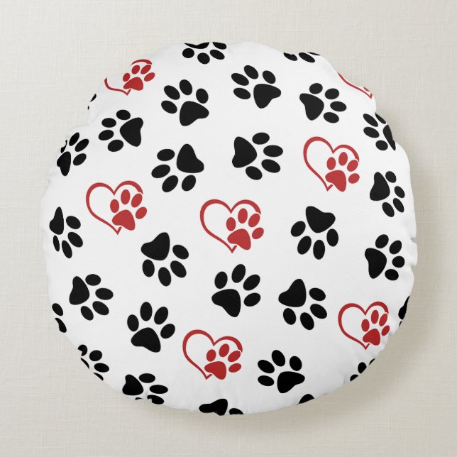 Pattern Of Paws, Black Paws, Red Paws, Hearts Round Pillow (Front)