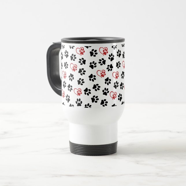 Pattern Of Paws, Black Paws, Red Paws, Hearts Travel Mug (Front Left)
