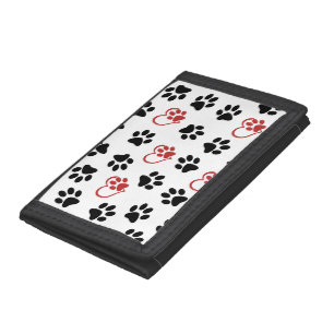 Pattern Of Paws, Black Paws, Red Paws, Hearts Trifold Wallet