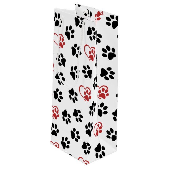 Pattern Of Paws, Black Paws, Red Paws, Hearts Wine Gift Bag (Back Angled)