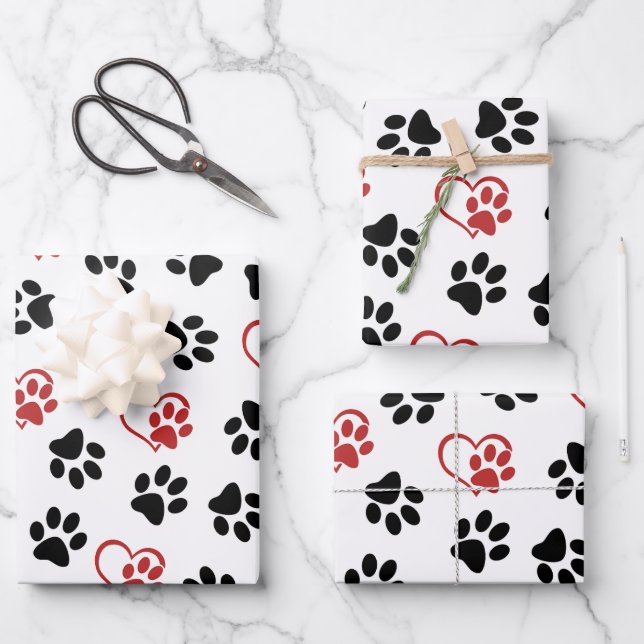 Pattern Of Paws, Black Paws, Red Paws, Hearts Wrapping Paper Sheets (Front)