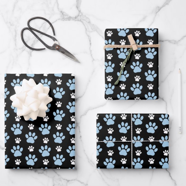 Pattern Of Paws, Blue Paws, Dog Paws, Animal Paws Wrapping Paper Sheets (Front)