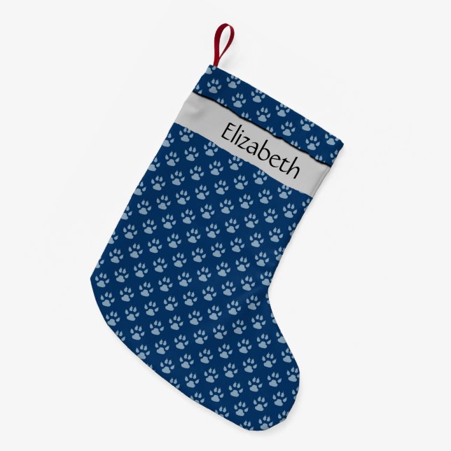 Pattern Of Paws, Blue Paws, Dog Paws, Your Name Small Christmas Stocking (Front (Hanging))